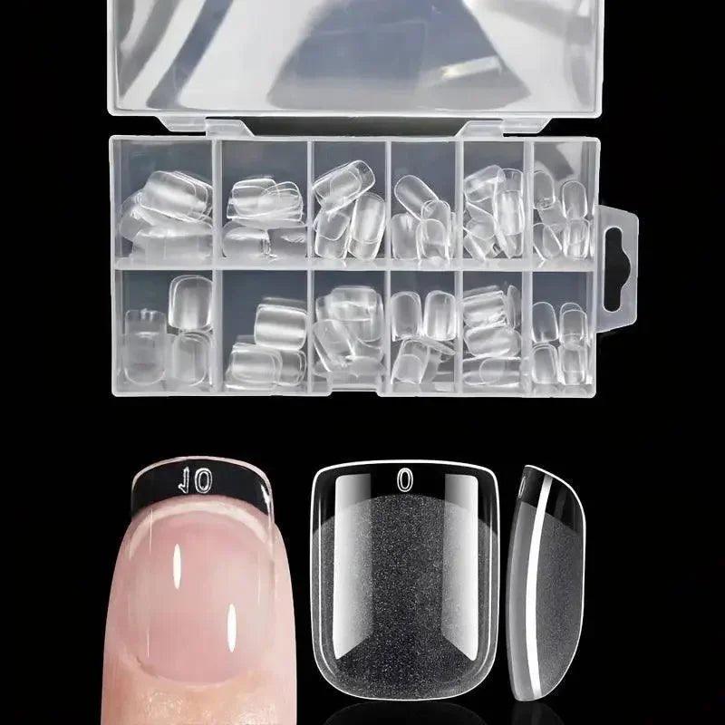 Clear press-on nails in organized case with close-up of adhesive back and natural nail fit