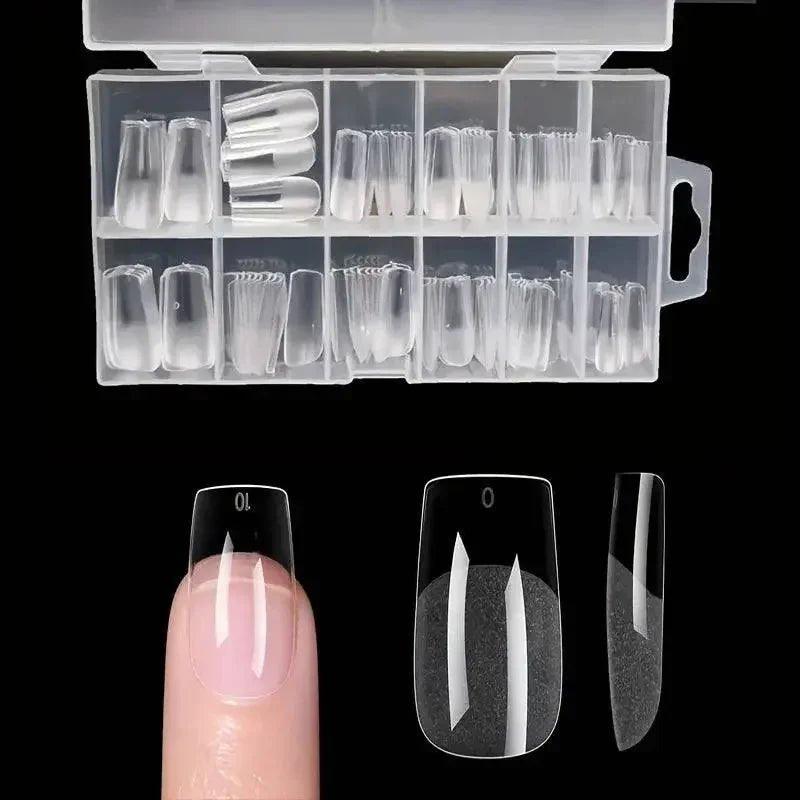 Clear press-on nails in organized case, assorted shapes for women’s fashion beauty