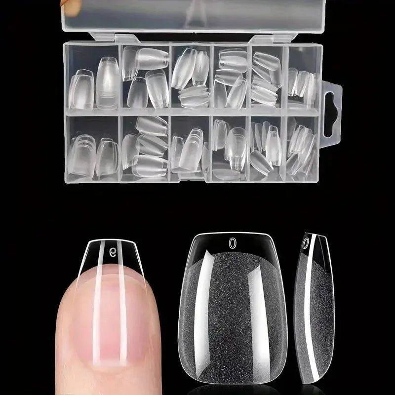 Clear false nail tips in organizer, shown with application guide for women's fashion beauty