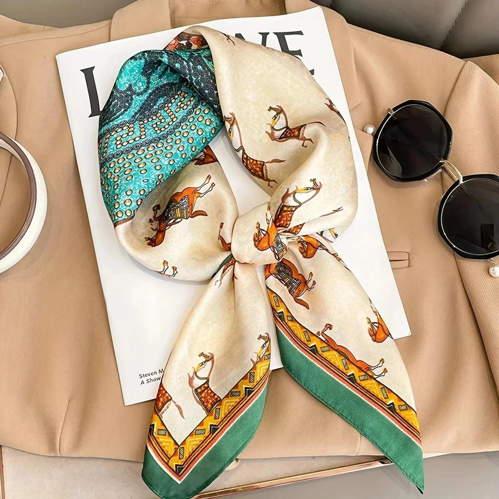 Elegant women's silk scarf with horse print, styled on beige coat with sunglasses and magazine
