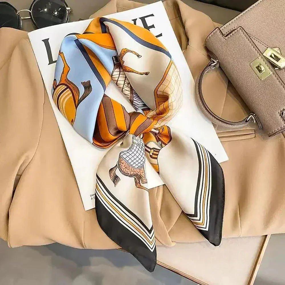 Elegant horse print silk scarf with orange blue stripes, styled with beige blazer, sunglasses, and handbag for women's fashion