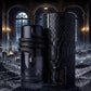 Luxury black perfume bottle with snake design, elegant night city backdrop, premium fragrance set