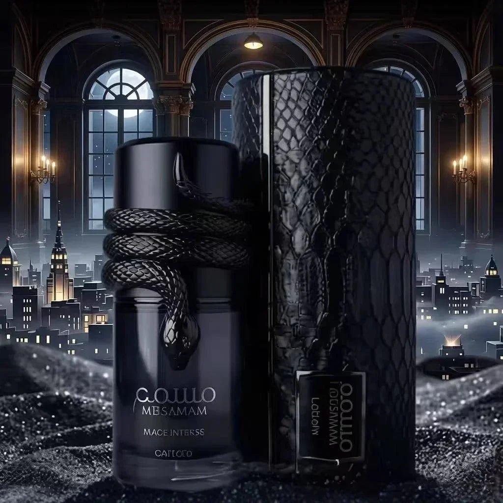 Luxury black perfume bottle with snake design, elegant night city backdrop, premium fragrance set