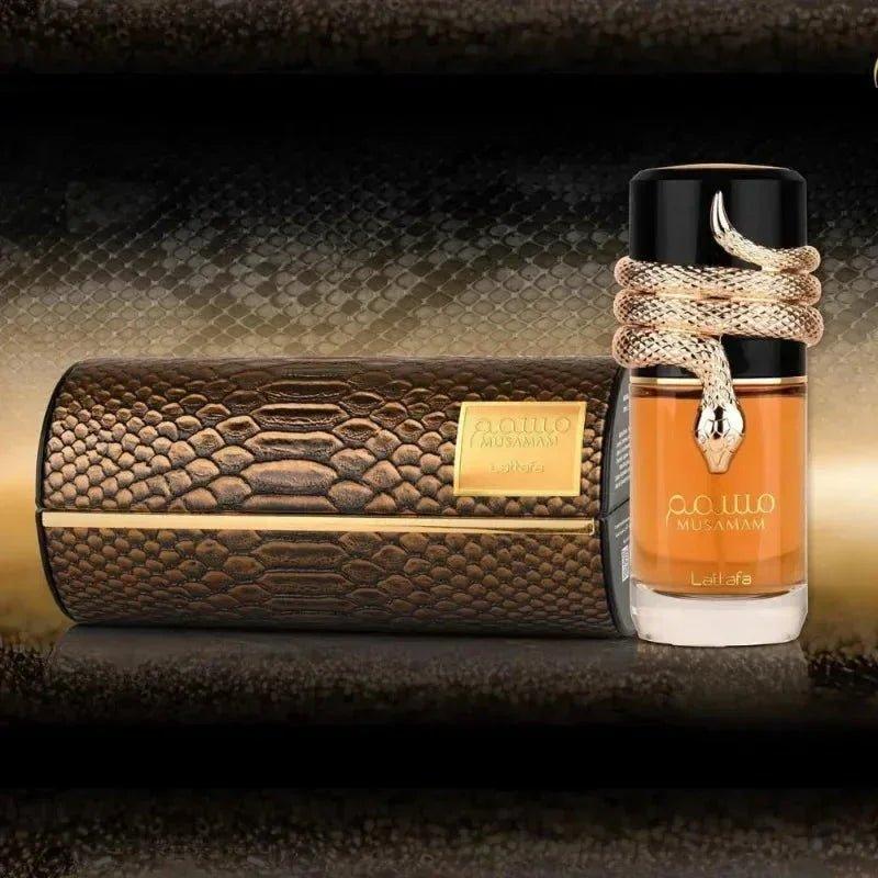 Luxury Musamam Lattafa perfume bottle with gold snake design, elegant crocodile-texture packaging