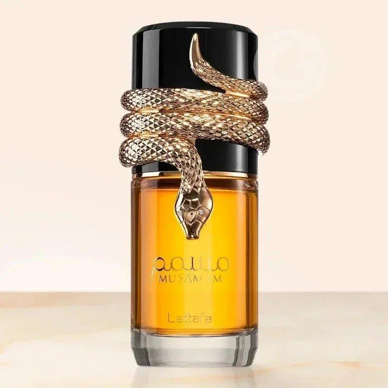 Luxury perfume bottle with golden snake design, amber fragrance, elegant women's fashion accessory