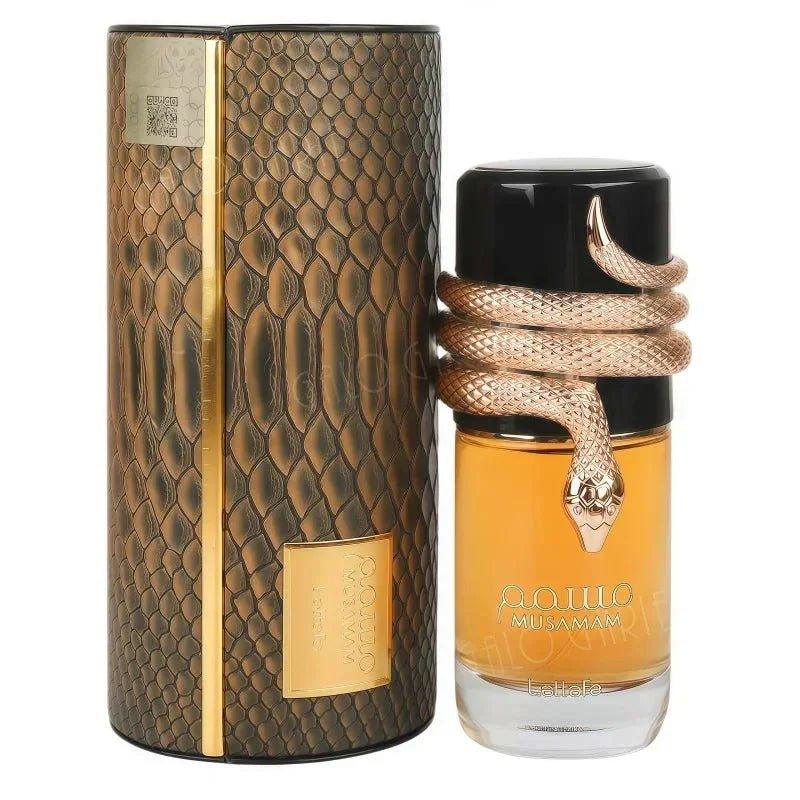 Luxury women's perfume with golden snake design, elegant packaging, Musamam fragrance