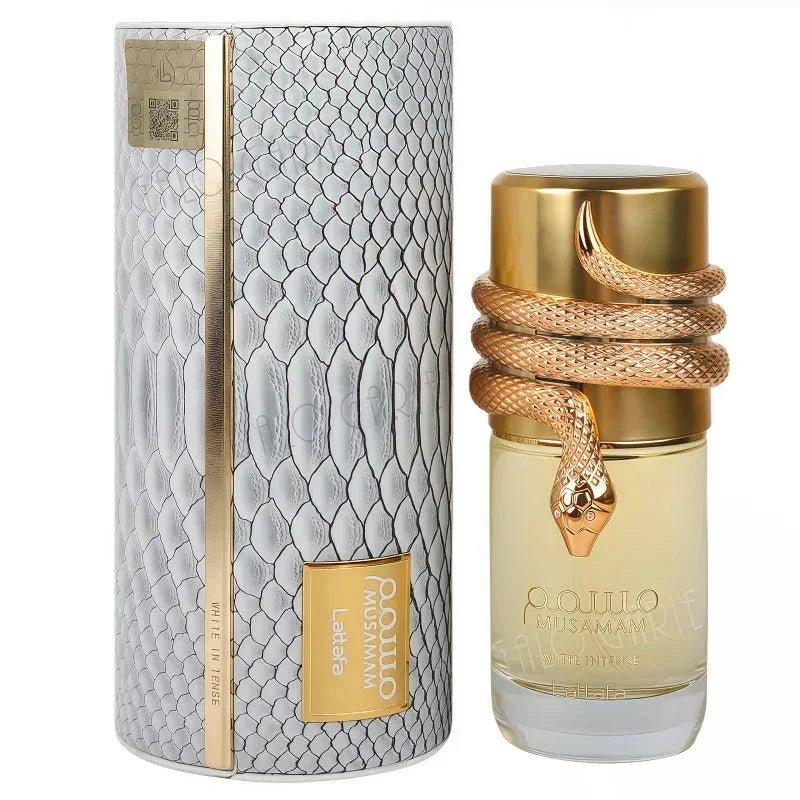 Luxury women's perfume with gold snake design, Musamam White Intense by Lattafa, elegant packaging