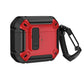Red and black rugged AirPods case with carabiner, carbon fiber accents, and open button