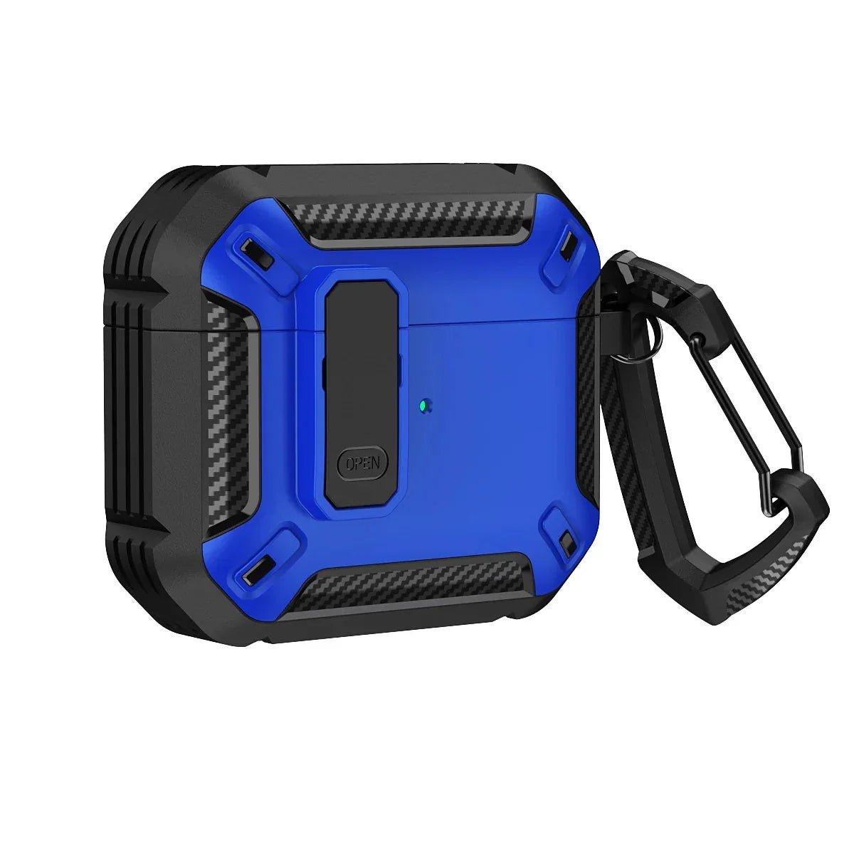 Blue and black rugged AirPods case with carabiner, carbon fiber accents, and open button