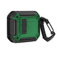 Green and black rugged AirPods case with carabiner clip and carbon fiber accents