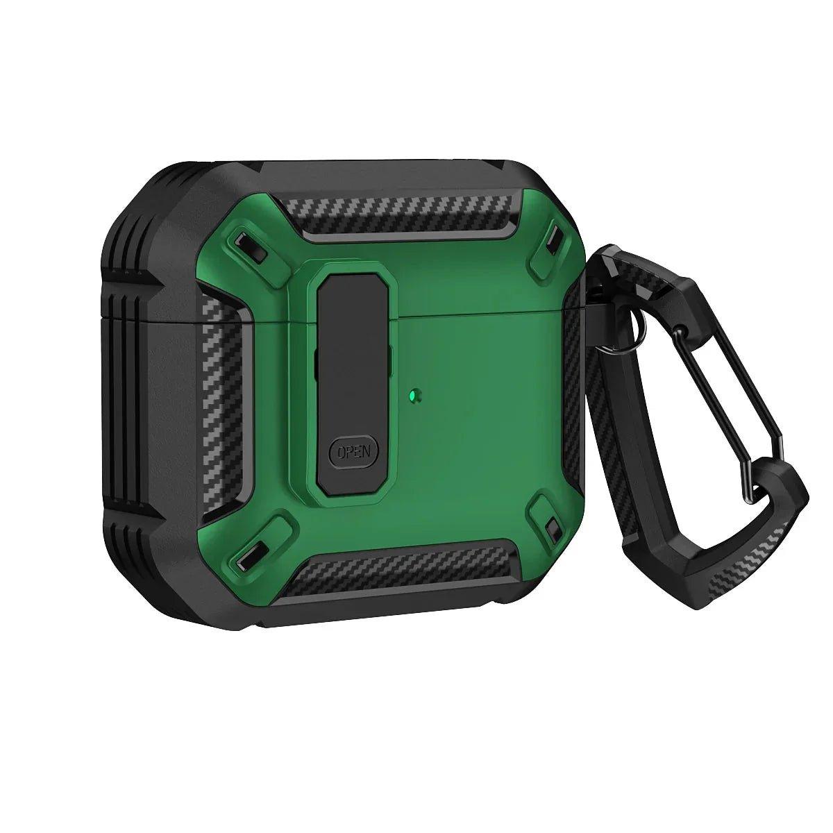 Green and black rugged AirPods case with carabiner clip and carbon fiber accents