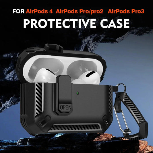 Rugged protective case for AirPods 4, Pro, Pro 2, Pro 3 with carabiner clip and carbon fiber design