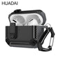 Black rugged AirPods Pro case with carabiner, carbon fiber texture, and open lid showing earbuds inside