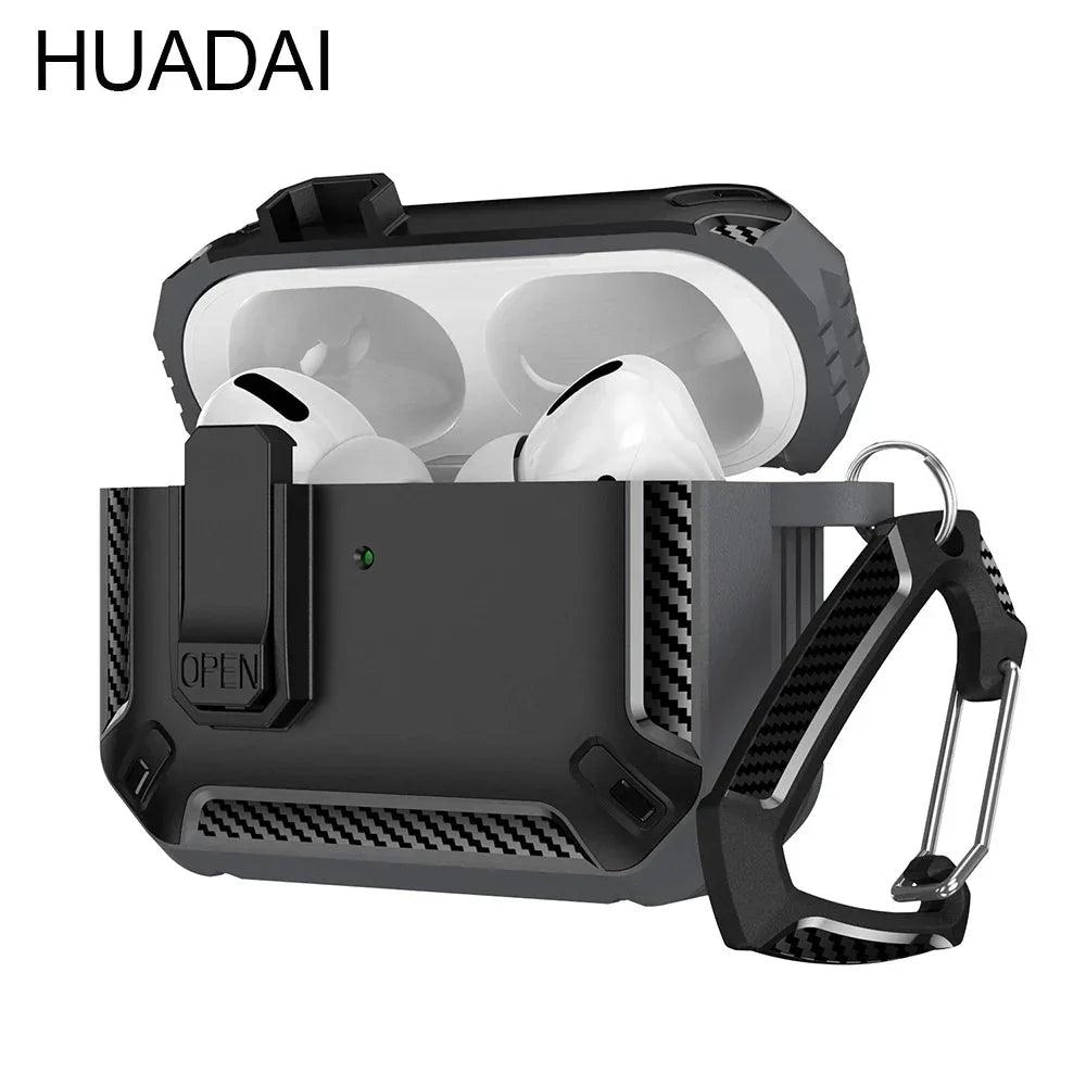 Black rugged AirPods Pro case with carabiner, carbon fiber texture, and open lid showing earbuds inside