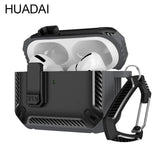 Black rugged AirPods Pro case with carabiner, carbon fiber texture, and open lid showing earbuds inside