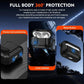 Rugged black headphone case with 360° protection, lock design, reset button, and precise hole positioning for secure fit