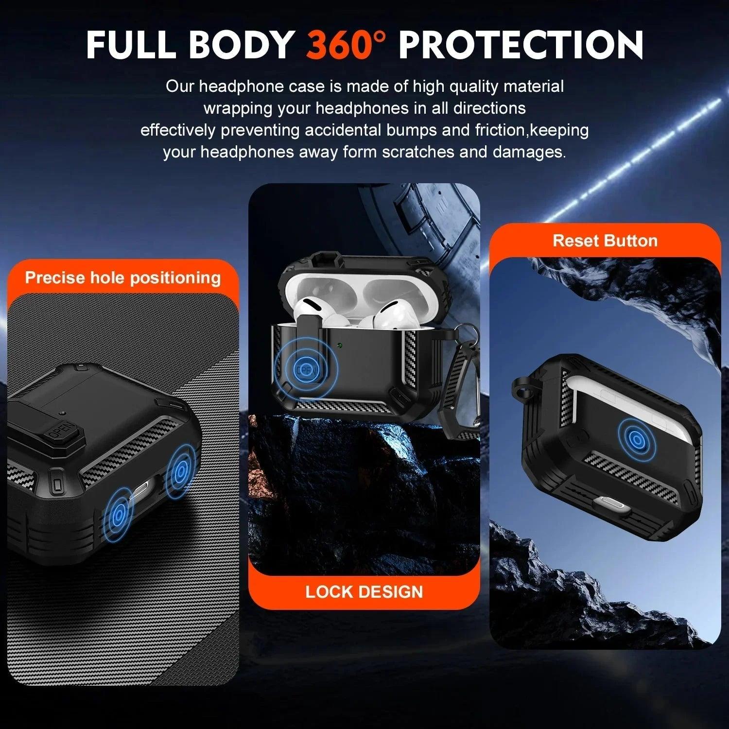 Rugged black headphone case with 360° protection, lock design, reset button, and precise hole positioning for secure fit