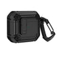 Rugged black AirPods case with carbon fiber texture and carabiner clip, durable protection for wireless earbuds