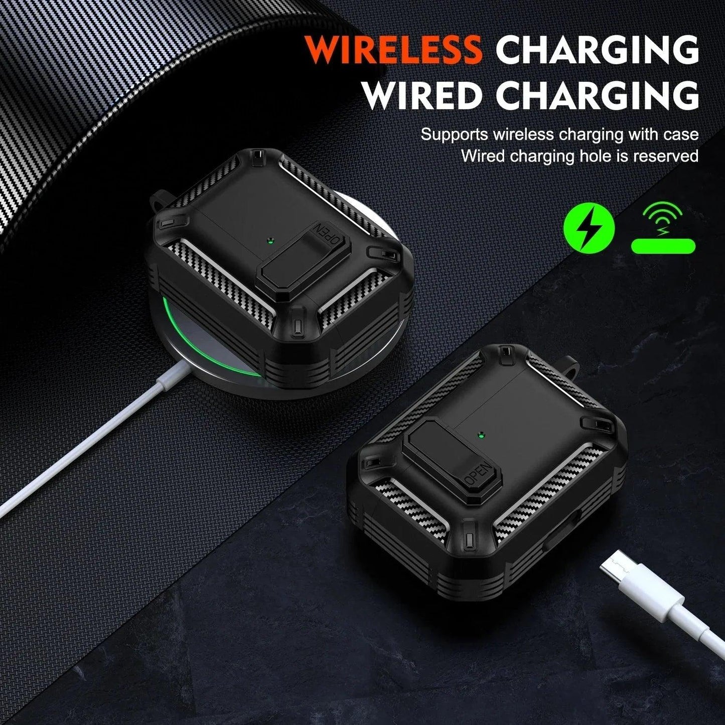 Wireless & wired charging case for earbuds with green LED indicator and USB-C cable