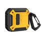 Yellow and black rugged AirPods case with carabiner clip and carbon fiber accents