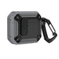 Rugged gray and black AirPods case with carbon fiber texture and carabiner clip for secure carry