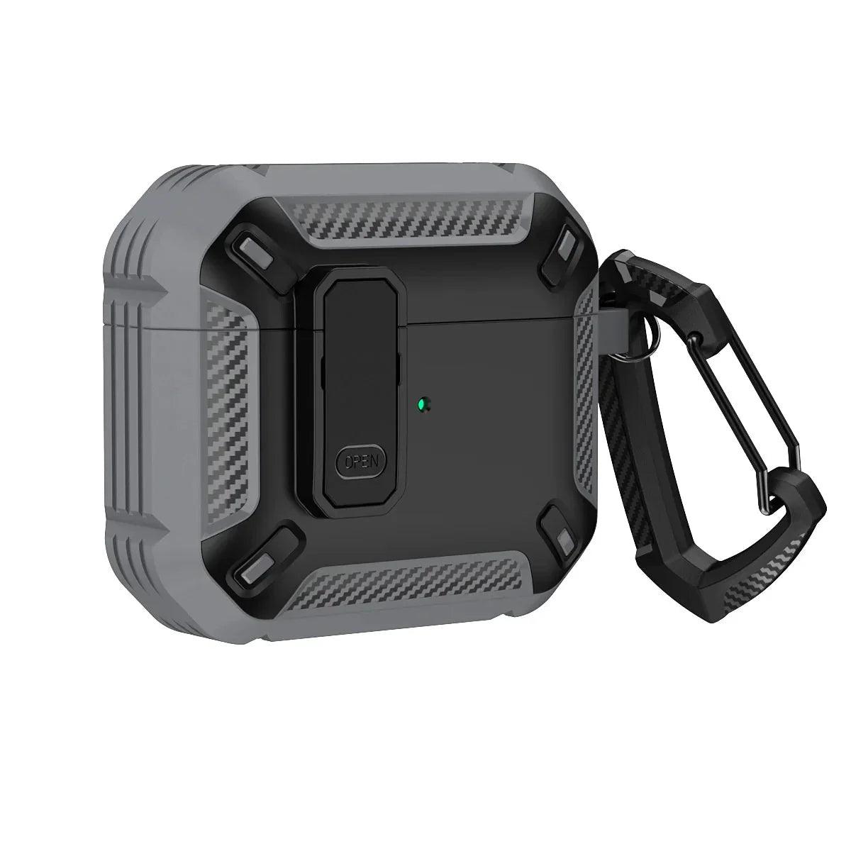 Rugged gray and black AirPods case with carbon fiber texture and carabiner clip for secure carry