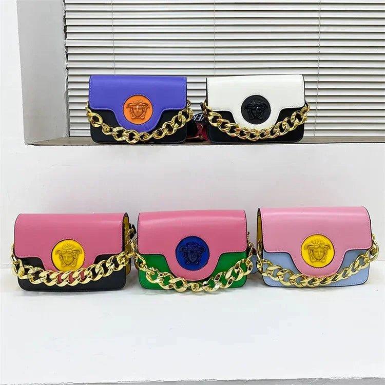 Colorful women's fashion handbags with gold chain straps and Medusa emblem, perfect for stylish outfits.