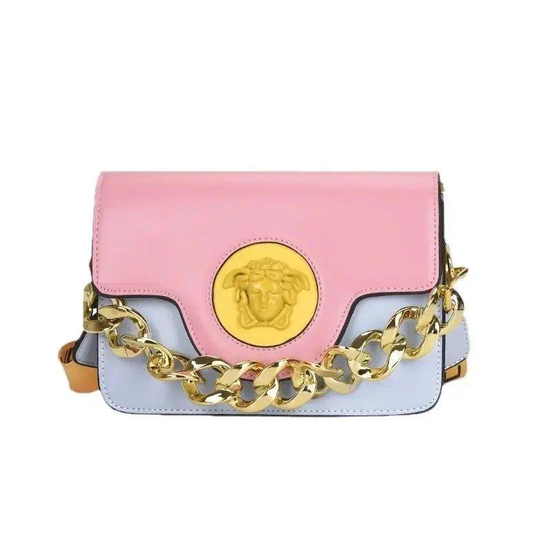Pink and white women's crossbody bag with gold chain strap and Medusa emblem