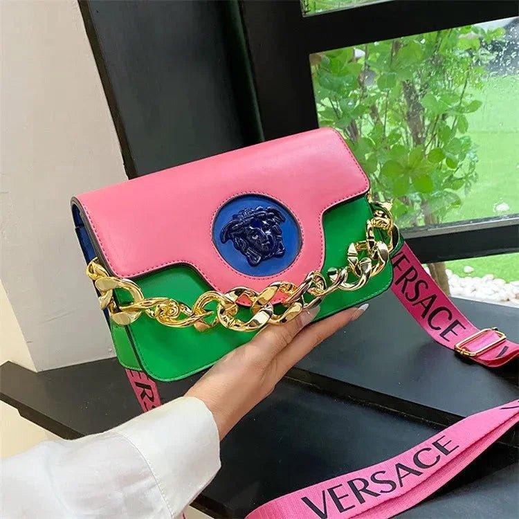 Pink and green Versace handbag with gold chain strap and Medusa emblem, luxury fashion accessory