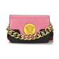 Pink and black women's fashion handbag with gold chain strap and Medusa emblem