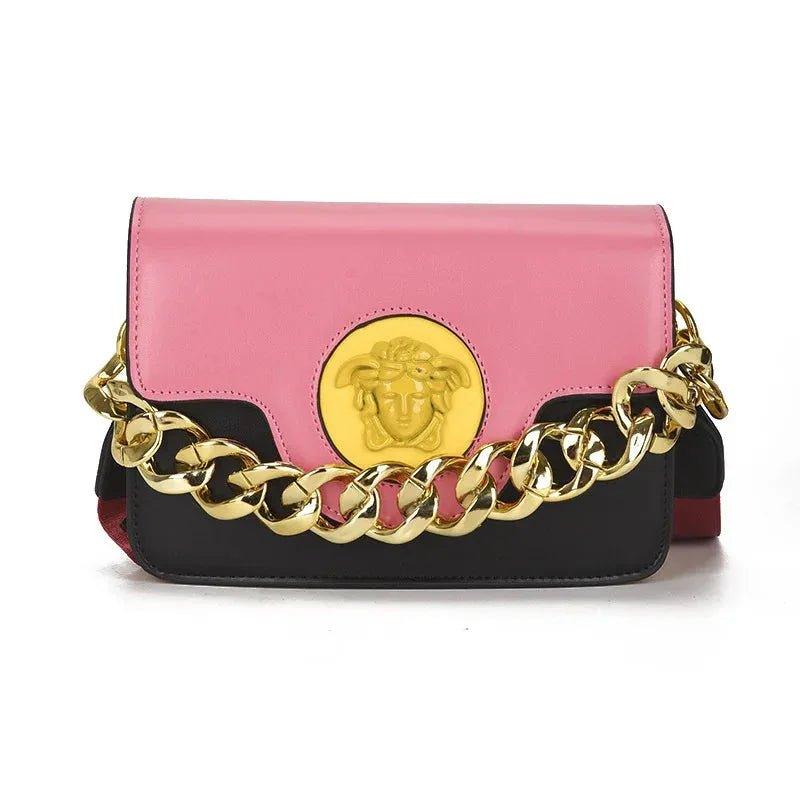 Pink and black women's fashion handbag with gold chain strap and Medusa emblem