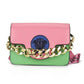 Pink and green women's fashion handbag with gold chain strap and Medusa emblem