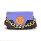 Purple and black women's fashion handbag with gold chain strap and Medusa emblem