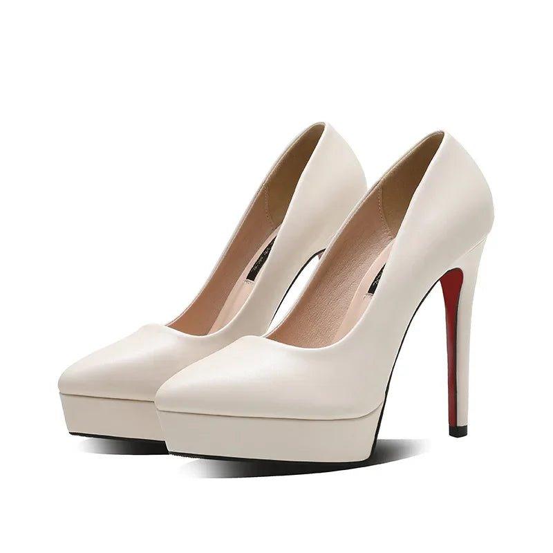 Cream white platform pumps with red soles, elegant women's high heels for fashion and parties