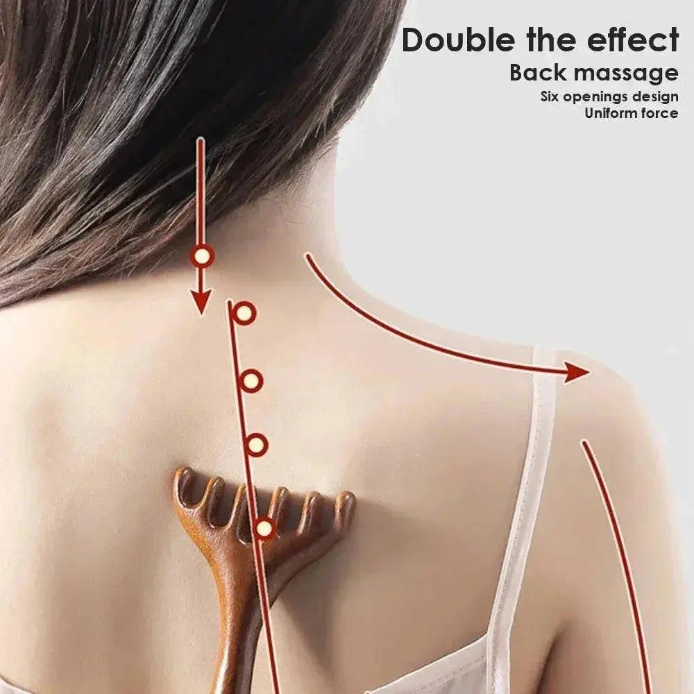 Wooden back massager with six prongs for deep tissue relief, shown on woman’s shoulders