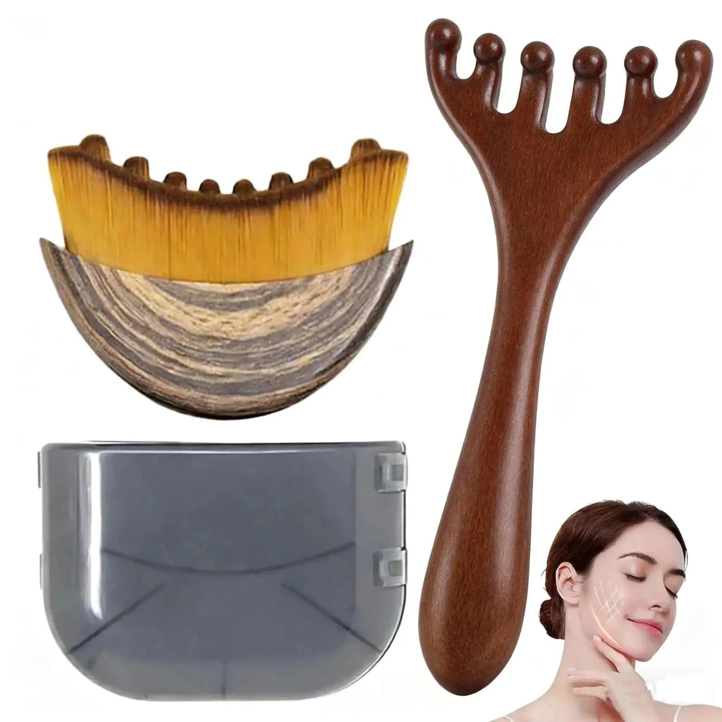 Wooden scalp massager, bamboo hair brush, and travel case for beauty & self-care routines