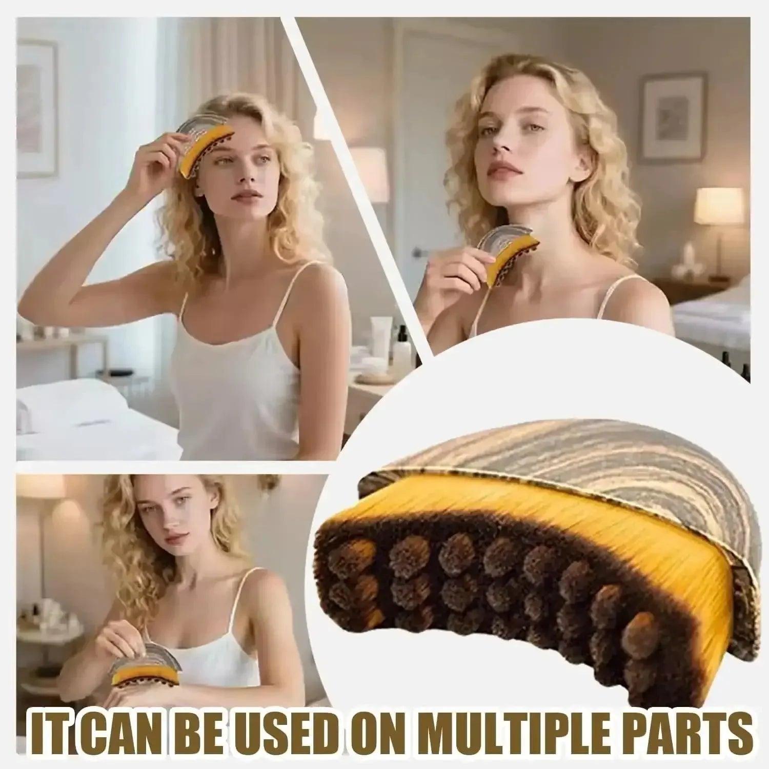 Woman using multi-use scalp massager brush for hair care and relaxation at home