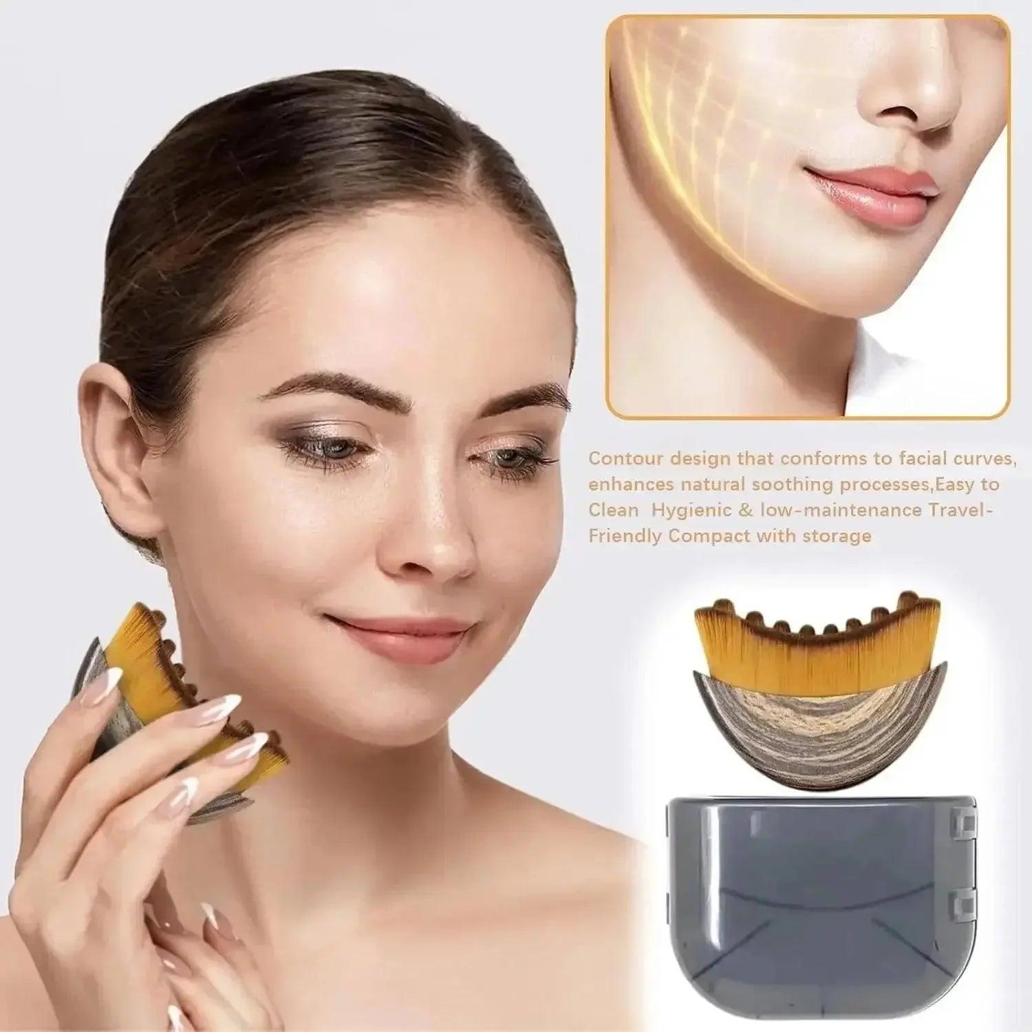 Woman using facial massage tool with contour design for skin soothing and lifting, travel-friendly beauty device