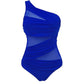 Royal blue one-shoulder swimsuit with mesh panels, women's fashion swimwear