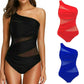 One-shoulder mesh panel swimsuit in black, red, blue — stylish women's beachwear fashion