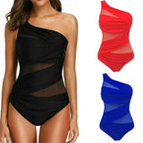 One-shoulder mesh panel swimsuit in black, red, blue — stylish women's beachwear fashion