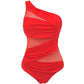 Red one-shoulder mesh panel swimsuit for women, stylish beachwear fashion