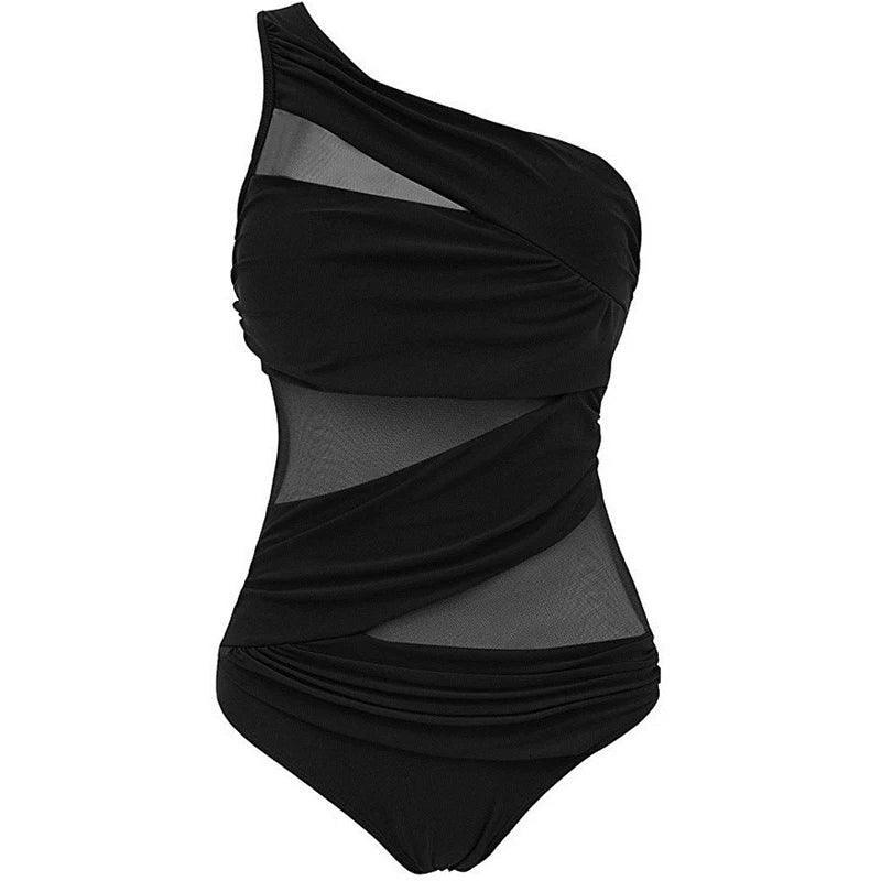 Black one-shoulder mesh panel swimsuit for women's fashion