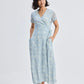 Light blue floral wrap dress with short sleeves and V-neck, perfect for women's fashion