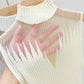 Cream ribbed turtleneck sleeveless top, sheer mesh overlay, women's fashion