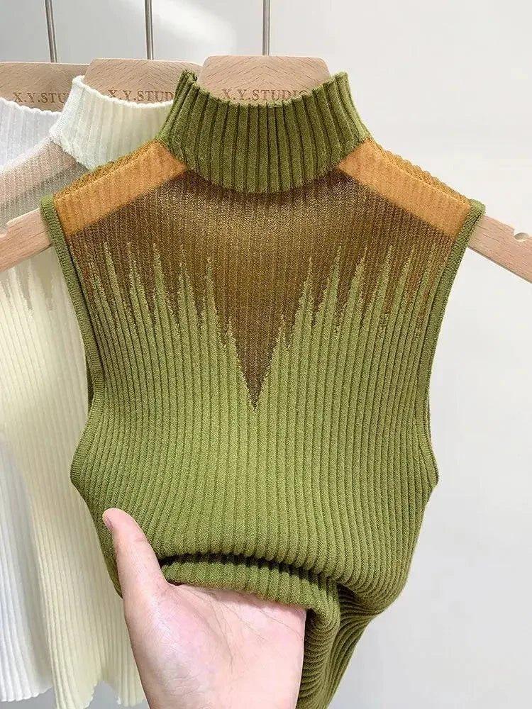 Olive green ribbed turtleneck sleeveless top with V-panel detail, women's fashion