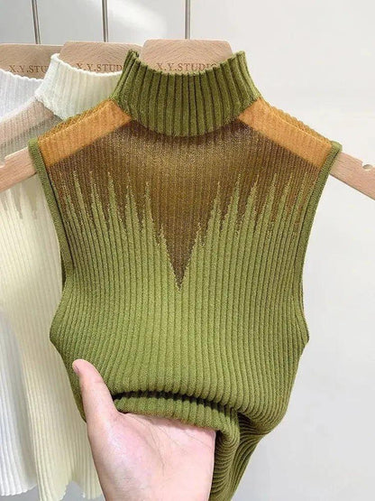 Olive green ribbed turtleneck sleeveless top with V-panel detail, women's fashion