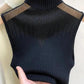 Black ribbed turtleneck sleeveless top with contrast shoulder panels, women's fashion