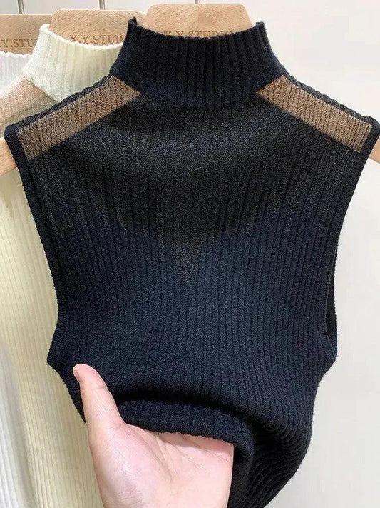 Black ribbed turtleneck sleeveless top with contrast shoulder panels, women's fashion
