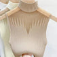 Beige ribbed turtleneck sleeveless top for women, stylish fashion knitwear